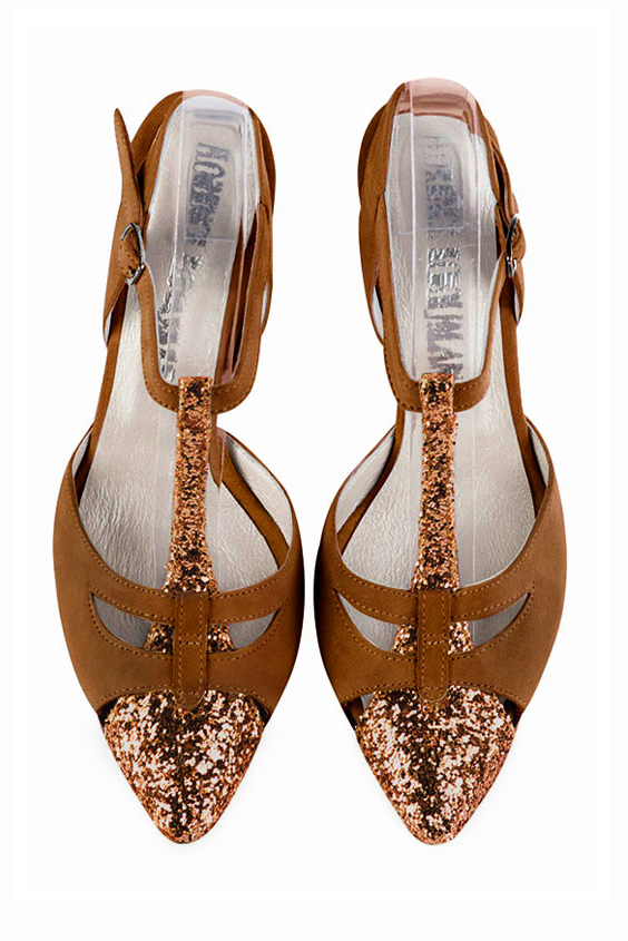 Caramel brown women's open back T-strap shoes. Tapered toe. High slim heel. Top view - Florence KOOIJMAN